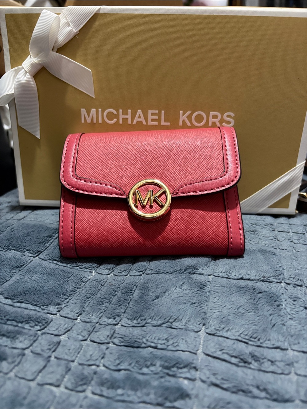 Michael Kors Coral Pink Saffiano Leather Trifold Wallet with Gold MK Logo